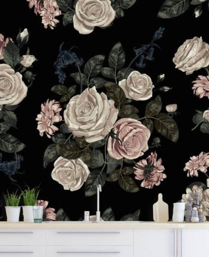 Pastel Pink Roses on Black Background Mural