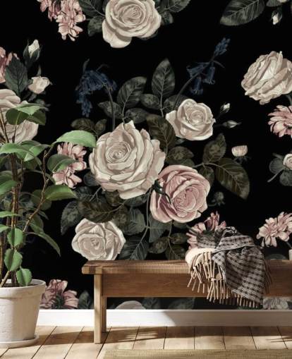 Pastel Pink Roses on Black Background Mural