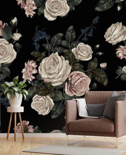 Pastel Pink Roses on Black Background Mural
