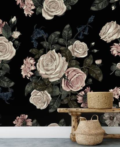 Decorazione murale con rose rosa pastello su sfondo nero