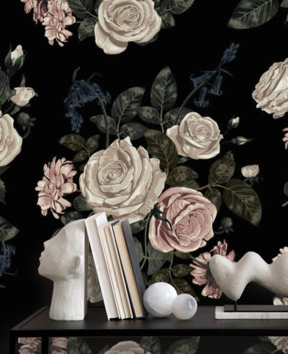 Pastel Pink Roses on Black Background Mural