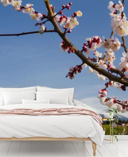 Pink Blossom Branch Mount Fuji Mural