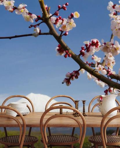 Pink Blossom Branch Mount Fuji Mural