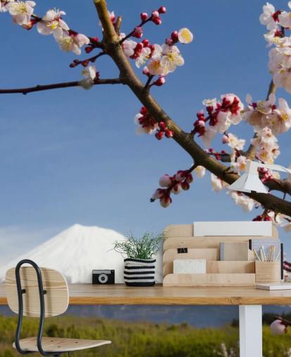Pink Blossom Branch Mount Fuji Mural Pink Blossom Branch Mount Fuji Mural