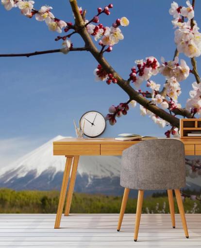 Decorazione murale con il monte Fuji con ramo