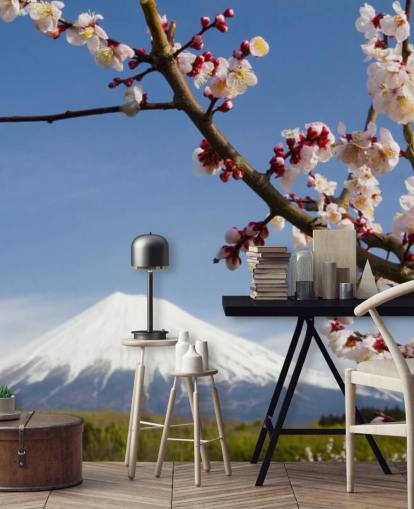 Pink Blossom Branch Mount Fuji-seinämaalaus