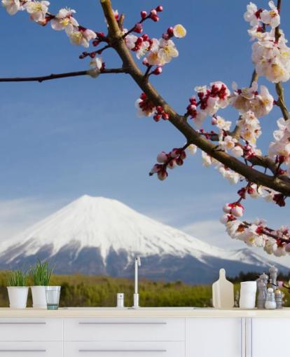 Pink Blossom Branch Mount Fuji-seinämaalaus Pink Blossom Branch Mount Fuji-seinämaalaus
