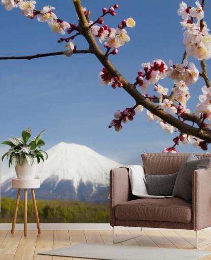 Pink Blossom Branch Mount Fuji Mural