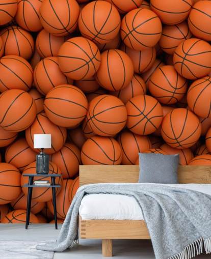 oranje basketbalbehang muurschildering genaamd Basketballs