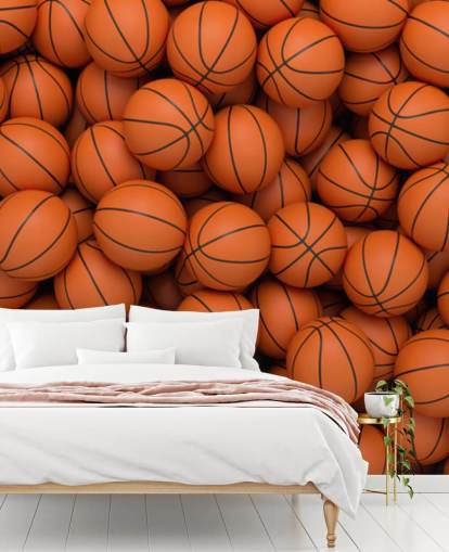 oranje basketbalbehang muurschildering genaamd Basketballs