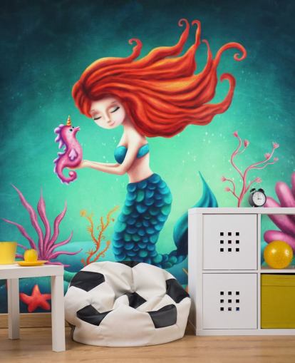 sirena dai capelli rossi con carta da parati cavalluccio marino