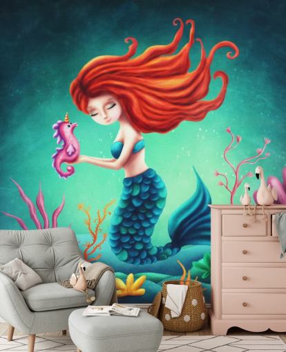 red haired mermaid with seahorse wallpaper