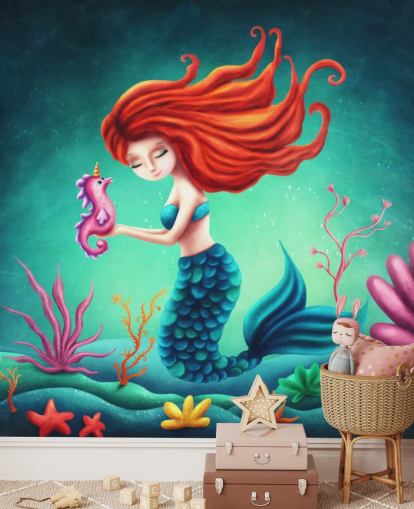 papel pintado sirena pelirroja con caballito de mar papel pintado sirena pelirroja con caballito de mar