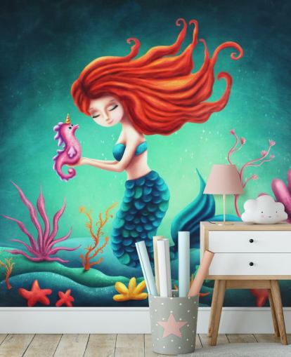 red haired mermaid with seahorse wallpaper
