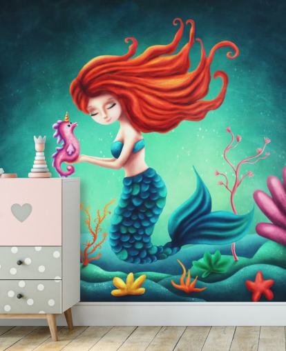 sirena dai capelli rossi con carta da parati cavalluccio marino