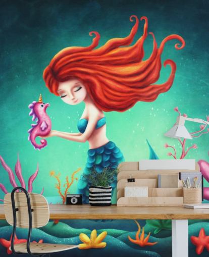 red haired mermaid with seahorse wallpaper