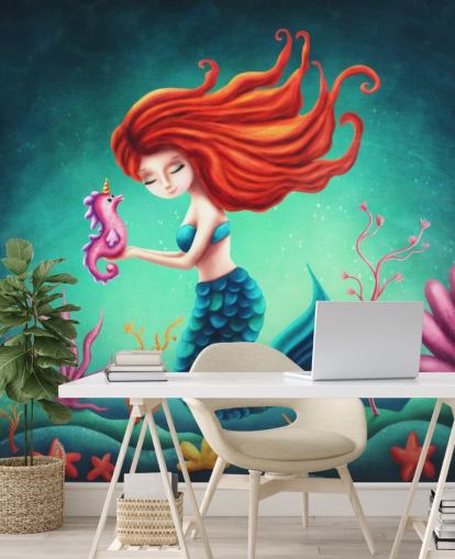 red haired mermaid with seahorse wallpaper