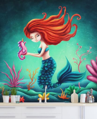 red haired mermaid with seahorse wallpaper