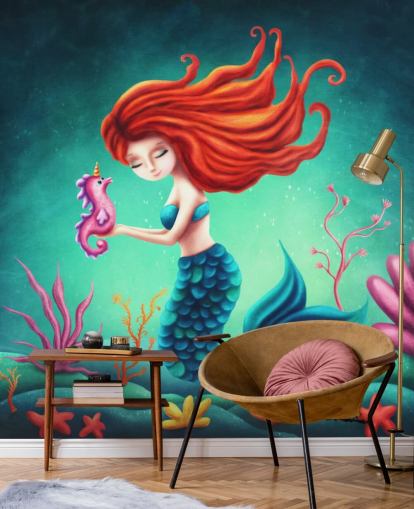 red haired mermaid with seahorse wallpaper