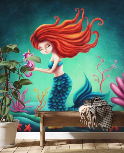 papel pintado sirena pelirroja con caballito de mar