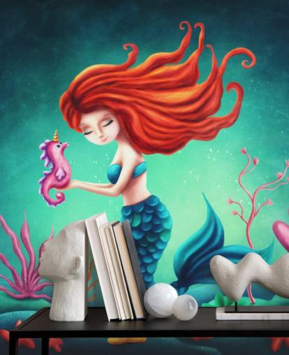 red haired mermaid with seahorse wallpaper
