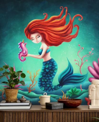 papel pintado sirena pelirroja con caballito de mar