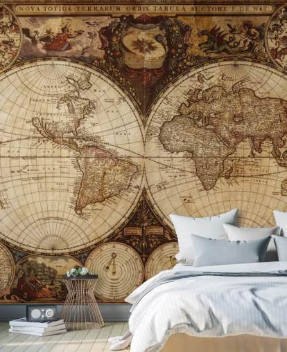 brown custom world map wallpaper mural called Vintage World Map for home offices and bedrooms