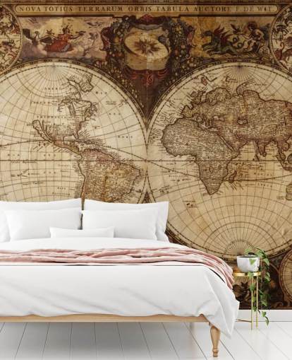 Braune benutzerdefinierte Weltkarten-Tapete namens Vintage World Map für Heimbüros und Schlafzimmer