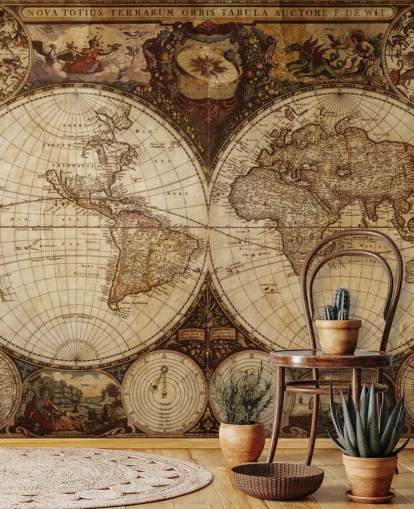 mural de papel pintado marrón personalizado con un mapa del mundo llamado Vintage World Map para el hogar, oficinas y dormitorios