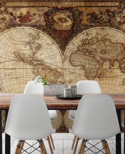 papier peint mural de carte du monde personnalisé marron appelé Vintage World Map pour la maison, les bureaux et les chambres