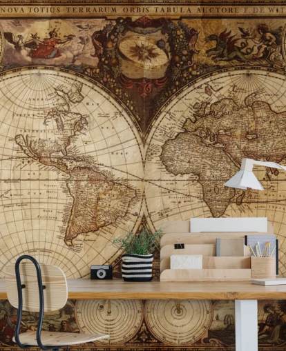 mural de papel de parede marrom personalizado do mapa-múndi chamado Vintage World Map para residências, escritórios e quartos