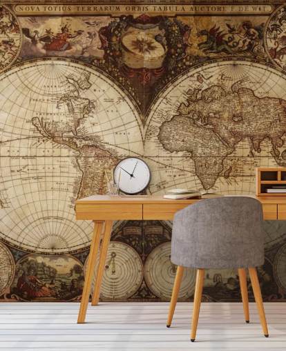 ruskea mukautettu maailmankartan taustakuvamaalaus nimeltä Vintage World Map kotitoimistoihin ja makuuhuoneisiin ruskea mukautettu maailmankartan taustakuvamaalaus nimeltä Vintage World Map kotitoimistoihin ja makuuhuoneisiin