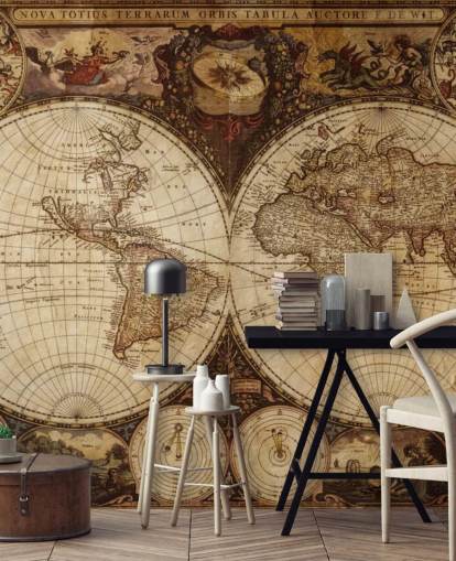 brown custom world map wallpaper mural called Vintage World Map for home offices and bedrooms