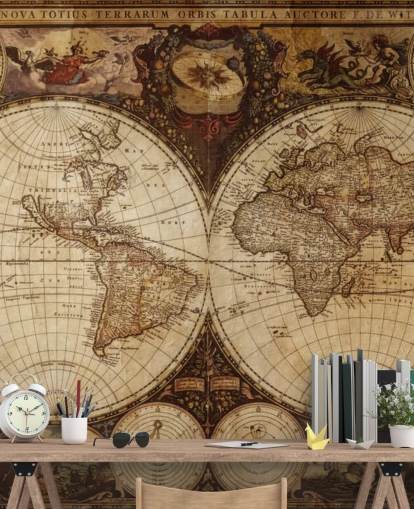 brunt tilpasset verdenskart tapet veggmaleri kalt Vintage World Map for hjemmekontorer og soverom