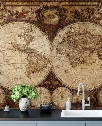 brown custom world map wallpaper mural called Vintage World Map for home offices and bedrooms