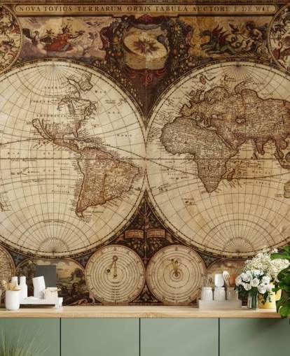 brown custom world map wallpaper mural called Vintage World Map for home offices and bedrooms