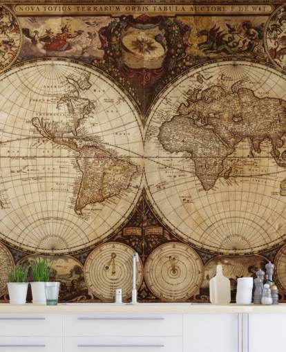 mural de papel pintado marrón personalizado con un mapa del mundo llamado Vintage World Map para el hogar, oficinas y dormitorios