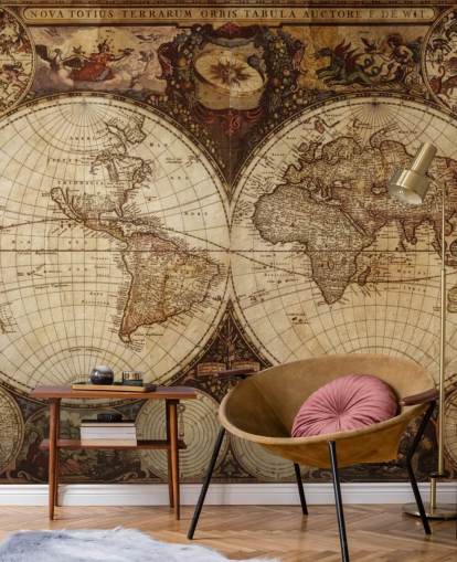 Braune benutzerdefinierte Weltkarten-Tapete namens Vintage World Map für Heimbüros und Schlafzimmer