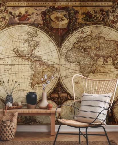 brown custom world map wallpaper mural called Vintage World Map for home offices and bedrooms