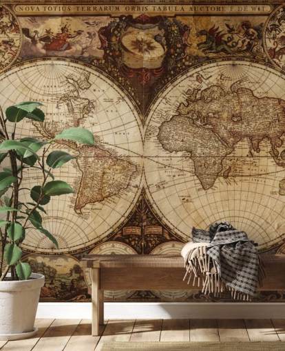 brunt brugerdefineret verdenskort tapetmaleri kaldet Vintage World Map til hjemmekontorer og soveværelser