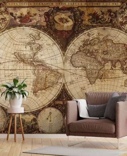 mural de papel de parede marrom personalizado do mapa-múndi chamado Vintage World Map para residências, escritórios e quartos