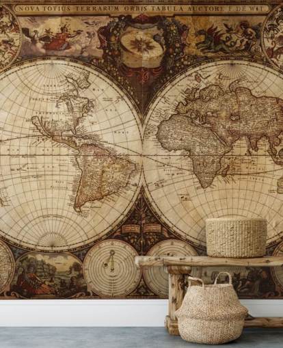 mural de papel pintado marrón personalizado con un mapa del mundo llamado Vintage World Map para el hogar, oficinas y dormitorios