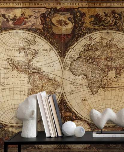 ruskea mukautettu maailmankartan taustakuvamaalaus nimeltä Vintage World Map kotitoimistoihin ja makuuhuoneisiin