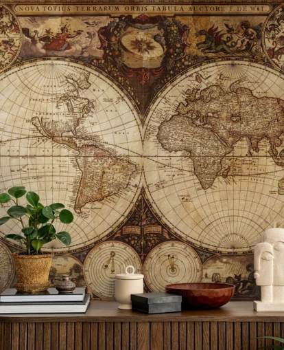 mural de papel pintado marrón personalizado con un mapa del mundo llamado Vintage World Map para el hogar, oficinas y dormitorios