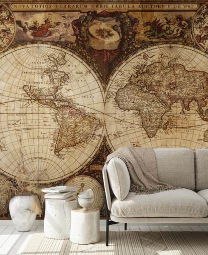 brown custom world map wallpaper mural called Vintage World Map for home offices and bedrooms