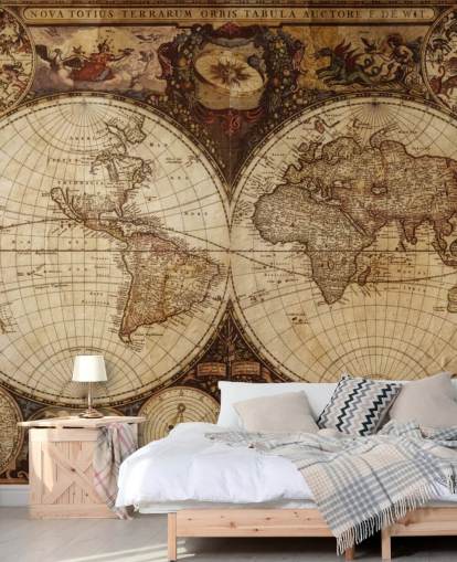 papier peint mural de carte du monde personnalisé marron appelé Vintage World Map pour la maison, les bureaux et les chambres