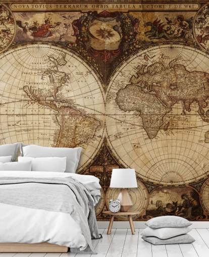 Braune benutzerdefinierte Weltkarten-Tapete namens Vintage World Map für Heimbüros und Schlafzimmer