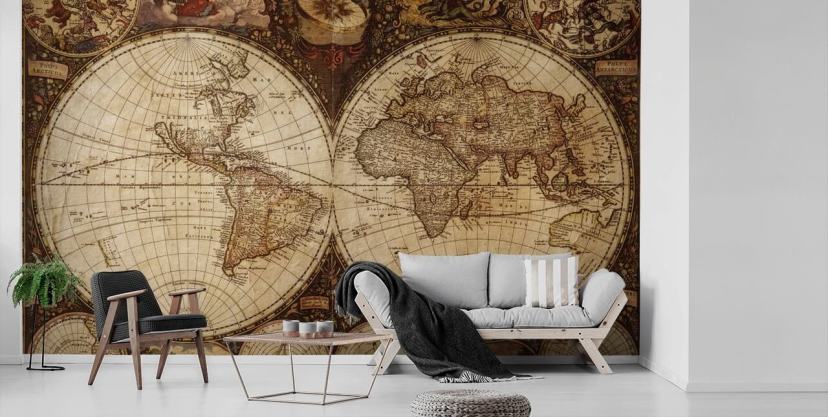 brown custom world map wallpaper mural called Vintage World Map for home offices and bedrooms