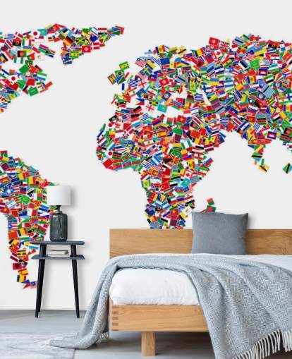 Mappa del mondo realizzata con carta da parati con bandiere Mappa del mondo realizzata con carta da parati con bandiere