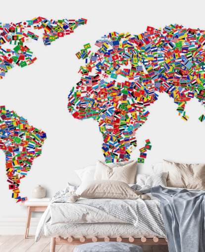 Wereldkaart gemaakt van vlaggenbehang